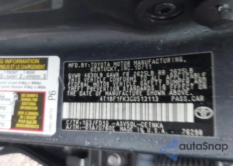 2012 Toyota Camry Le z USA, uszkodzony, nr VIN 4T1BF1FK3CU513113